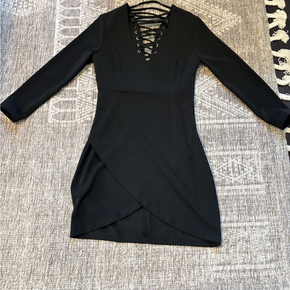 bebe Black Long Sleeve Lace-Up Dress
